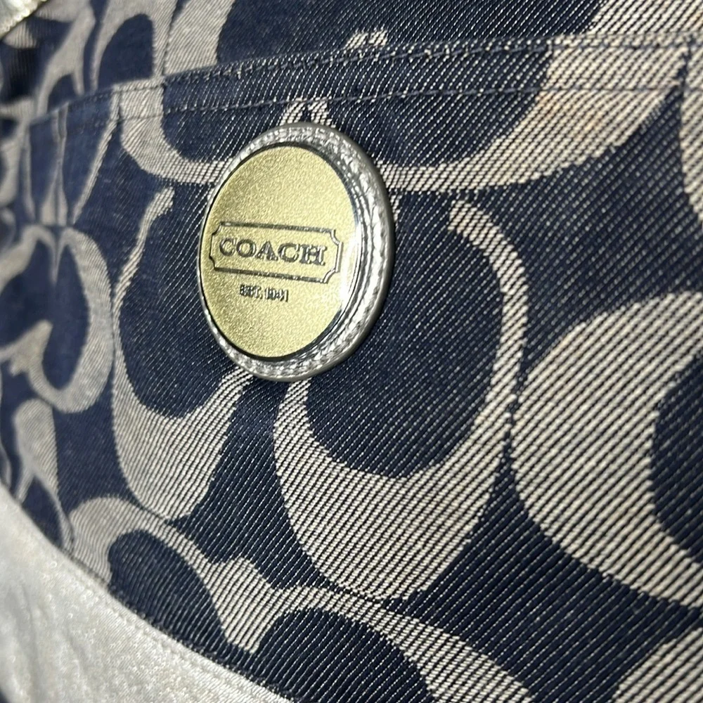 Coach XL Denim Blue and Silver Leather Zip Top Diaper Tote Travel Bag
